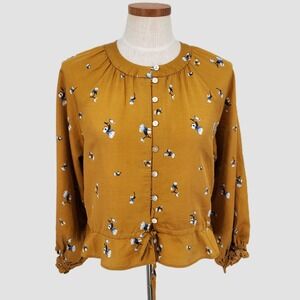 Outerknown Womens S Poet Blouse Silk Organic Cotton Hemp Floral Mustard Yellow